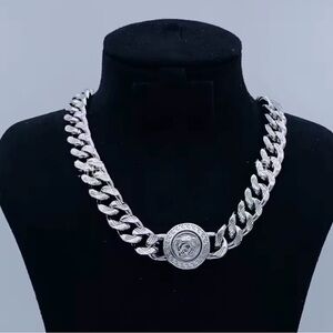 New Men’s Medusa choker Silver Chain Necklace Medallion jewelry clamp lock